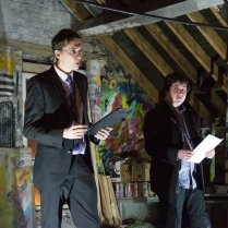 Christopher Goodfellows from The Department of Humorous Affairs (Aaron Marshall) and MC Marcus Keeley, LOFT, February 2015